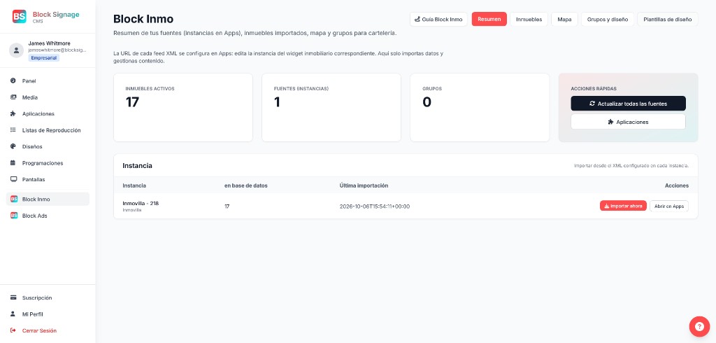 Panell Block Inmo del CMS BlockSignage amb immobles, fonts CRM i grups